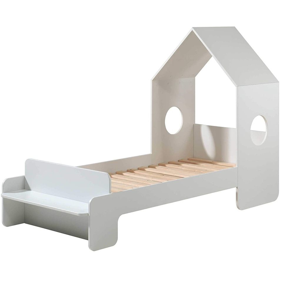 Lit maison 70x140 cm avec banc bois laqué blanc Camila - Photo n°1