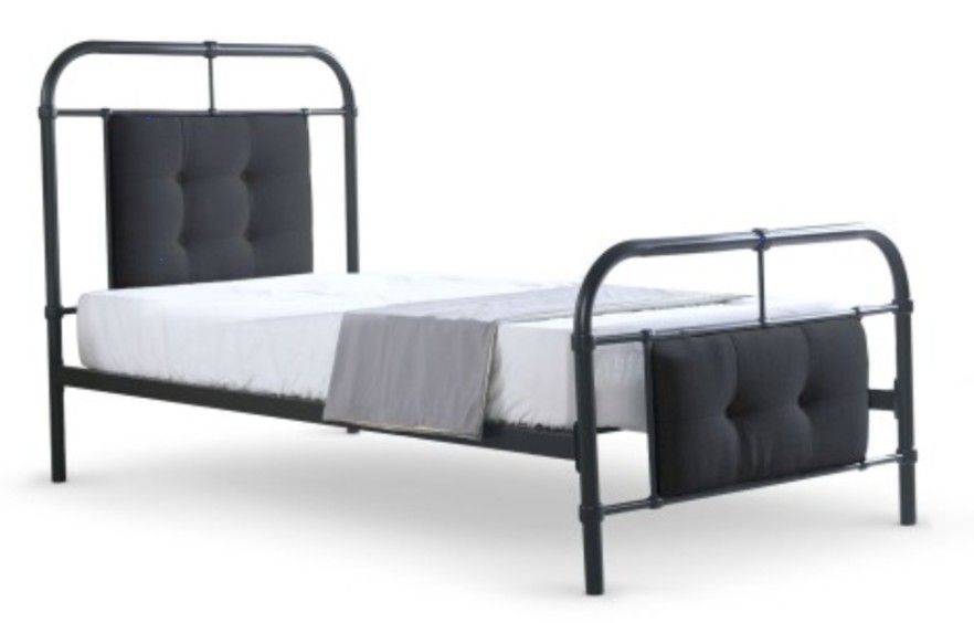 Lit métal noir et tête de lit capitonnée tissu gris Diana 90 - Photo n°1