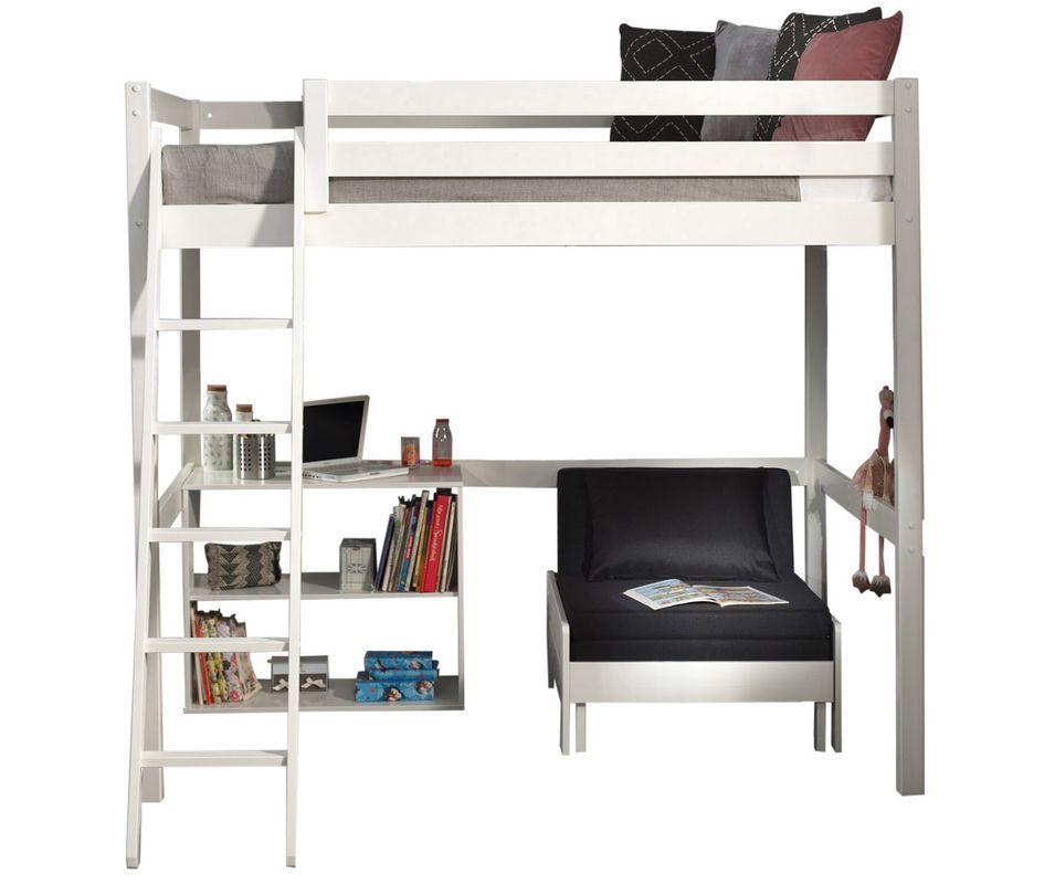 Lit Mezzanine 140x200 avec sommier inclus, bibliothèque et fauteuil convertible PIKO – Blanc - Photo n°1