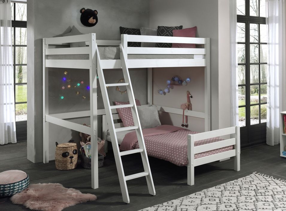 Lit mezzanine 140x200 cm et lit simple 90x200 cm pin massif blanc Pino - Photo n°1