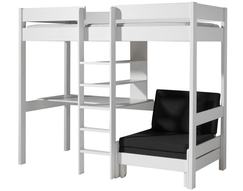 Lit Mezzanine 90x200 avec sommier inclus et fauteuil convertible PIKO – Blanc - Photo n°1