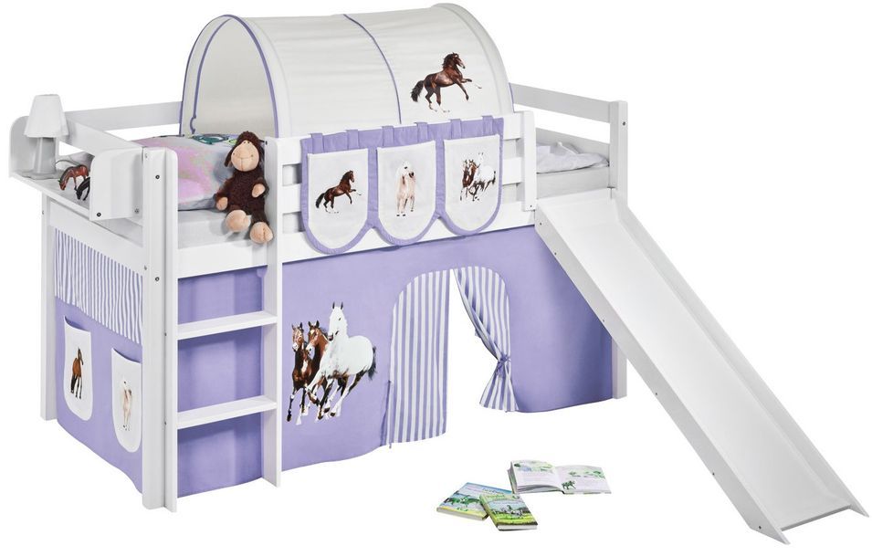 Lit mezzanine blanc avec toboggan et rideau beige et parme Chevaux 90x190 cm - Photo n°1