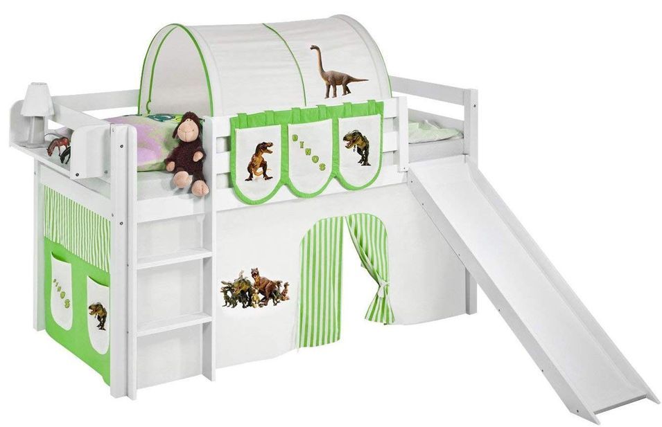 Lit mezzanine blanc avec toboggan et rideau Dinosaures vert et beige 90x200 cm - Photo n°1