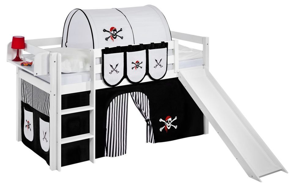 Lit mezzanine blanc avec toboggan et rideau noir Pirate 90x190 cm - Photo n°1