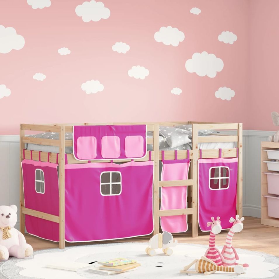Lit mezzanine enfants et rideaux rose 90x190cm bois pin massif - Photo n°1