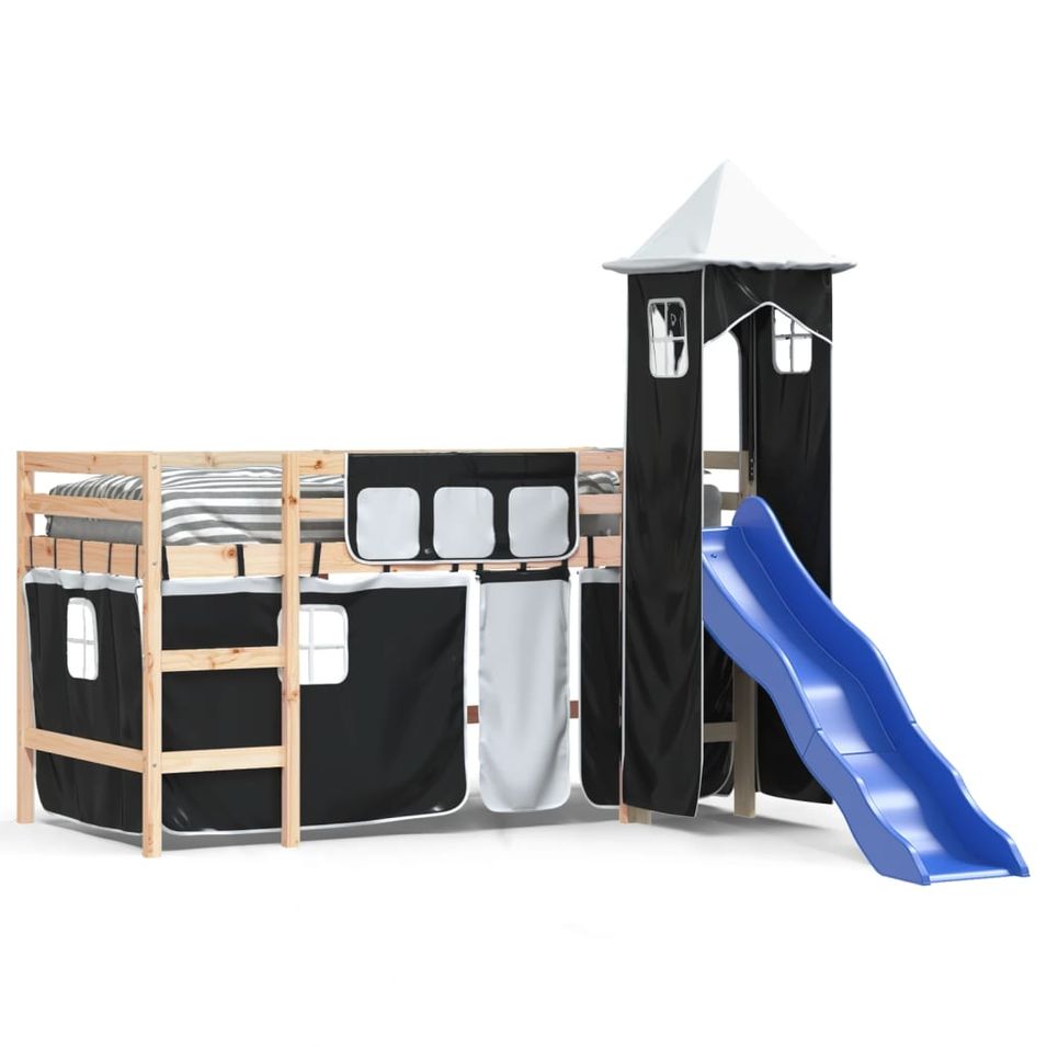 Lit mezzanine enfants et tour blanc/noir 90x200 cm pin massif - Photo n°1