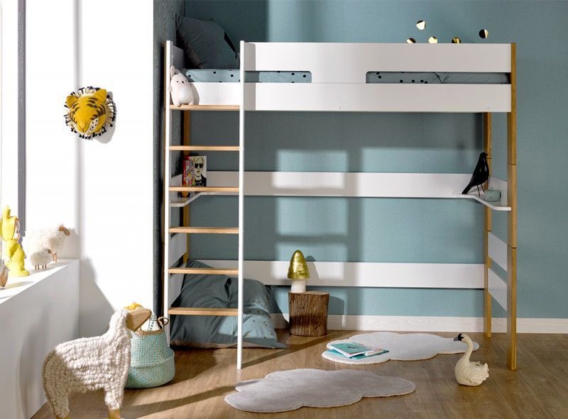 Lit mezzanine haut 90x190 cm blanc et hêtre massif clair Scandi - Photo n°1