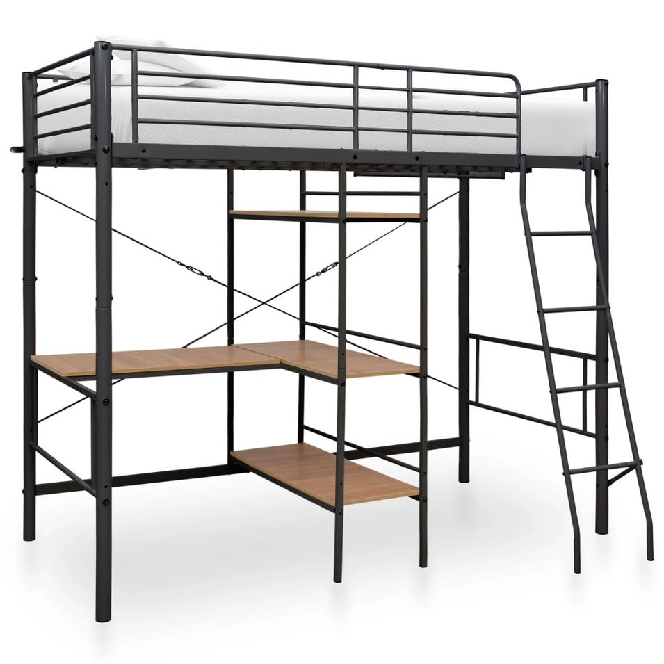 Lit mezzanine rmétal gris avec bureau bois naturel Kozty 90x200 cm - Photo n°1