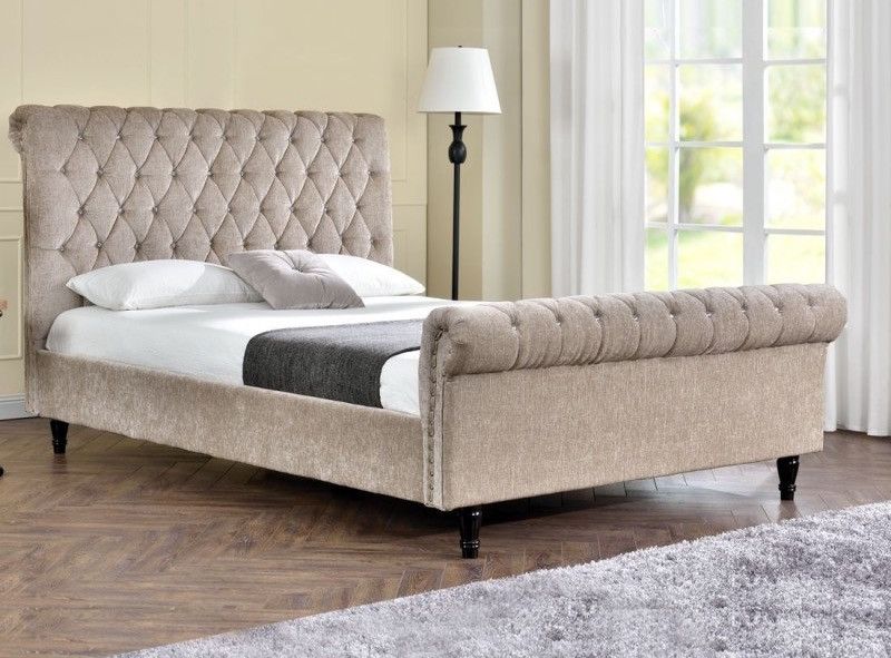 Lit moderne tête de lit haute capitonnée tissu beige Kapy 140x190 cm - Photo n°1