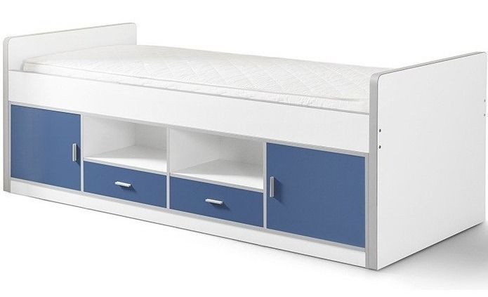 Lit multi-rangement 90x200 cm avec sommier bois blanc et bleu Bonny - Photo n°1