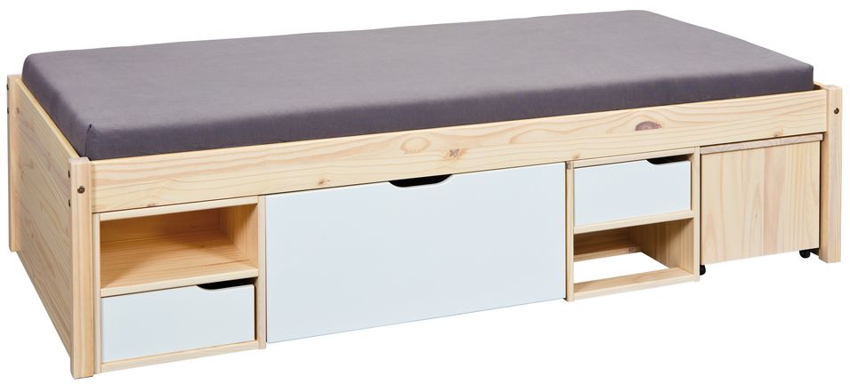 Lit multi-rangement pin massif clair et blanc Jam 90 - Photo n°1