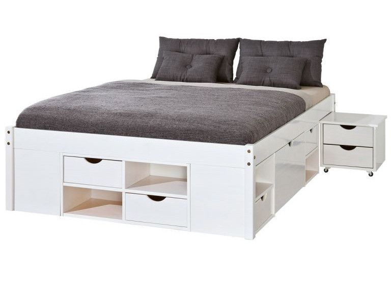 Lit multi-rangement pin massif vernis blanc Jam 160x200 cm - Photo n°1