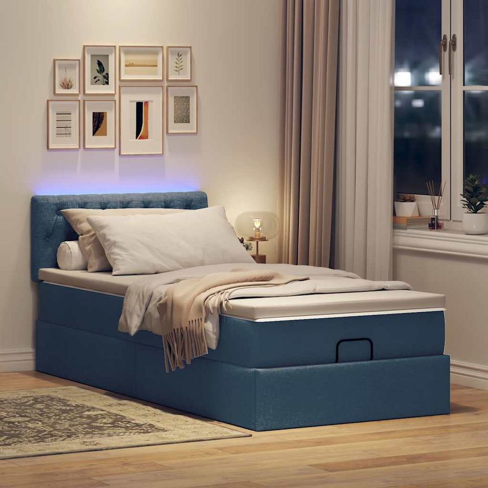 Lit ottoman avec matelas bleu 100x200 cm tissu - Photo n°1