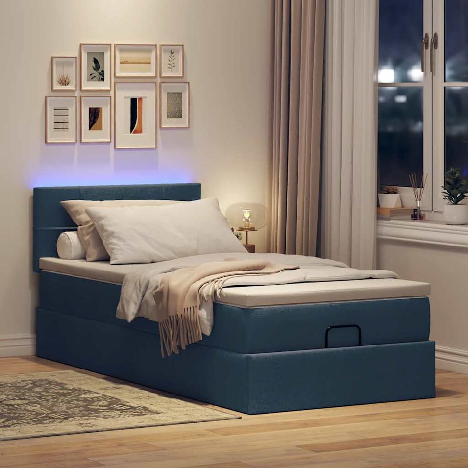 Lit ottoman avec matelas bleu 90x200 cm tissu - Photo n°1