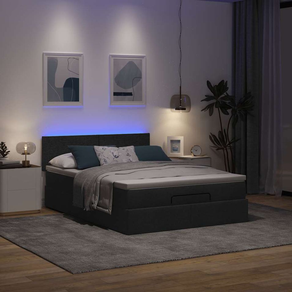 Lit ottoman avec matelas noir 140x200 cm tissu - Photo n°1