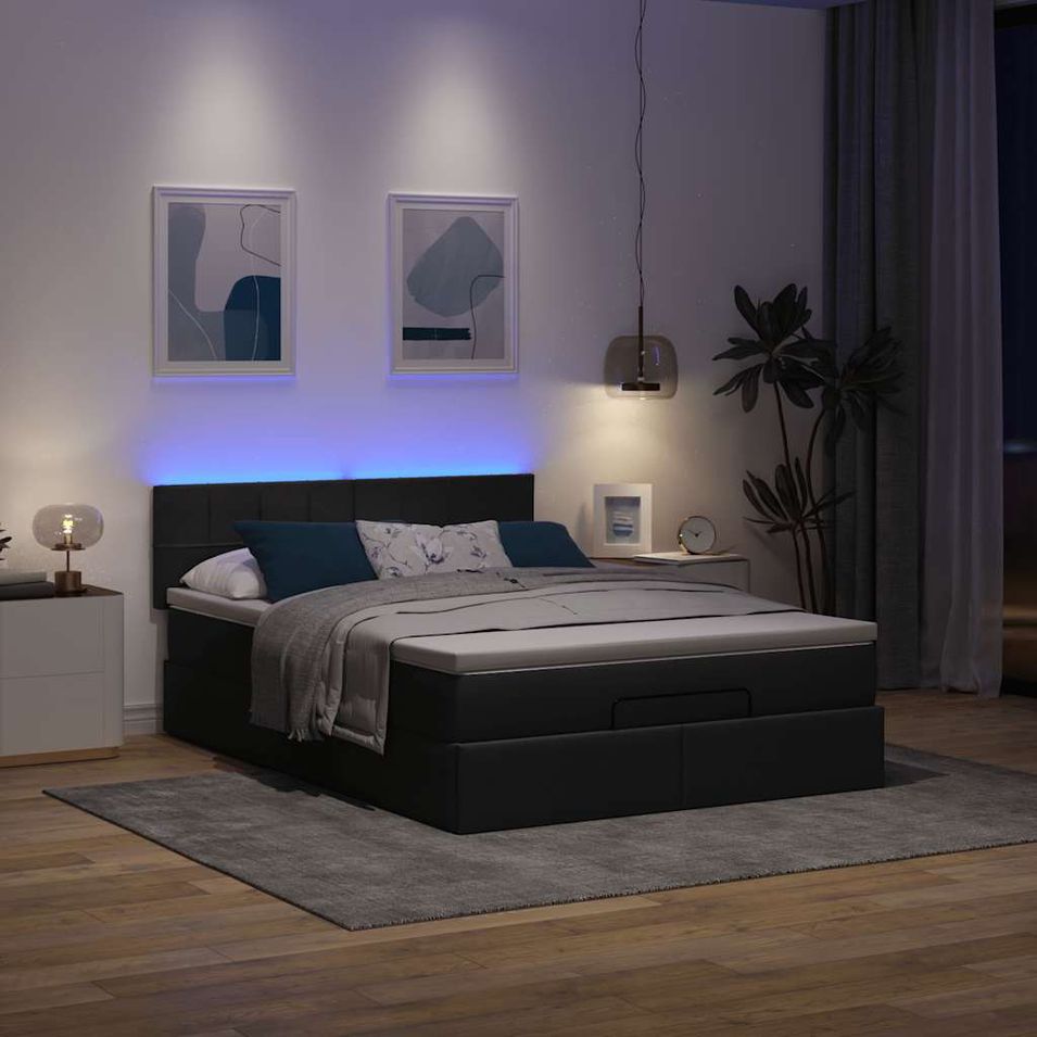Lit ottoman avec matelas noir 140x200 cm tissu - Photo n°1
