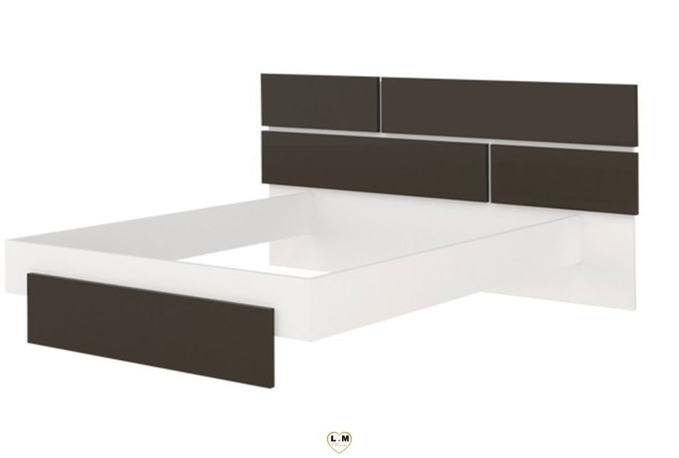 Lit laqué blanc et anthracite avec éclairage à tête de lit à effet graphique Kido 160x200 cm - Photo n°1