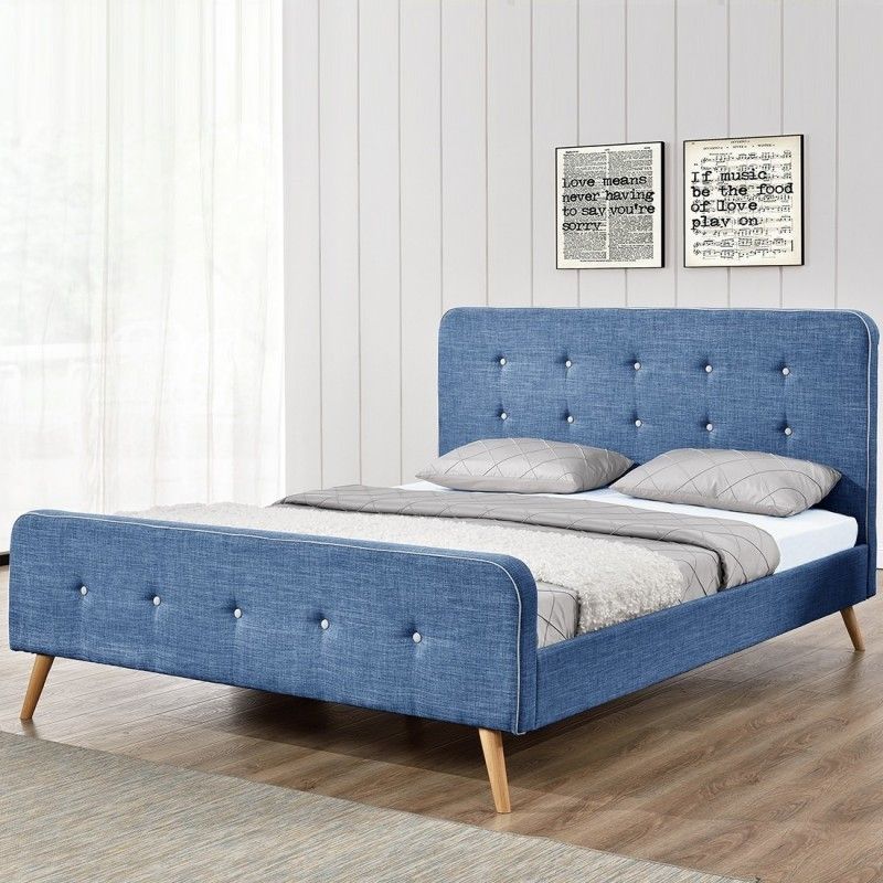 Lit scandinave tissu bleu capitonné 160x200 cm - Photo n°1