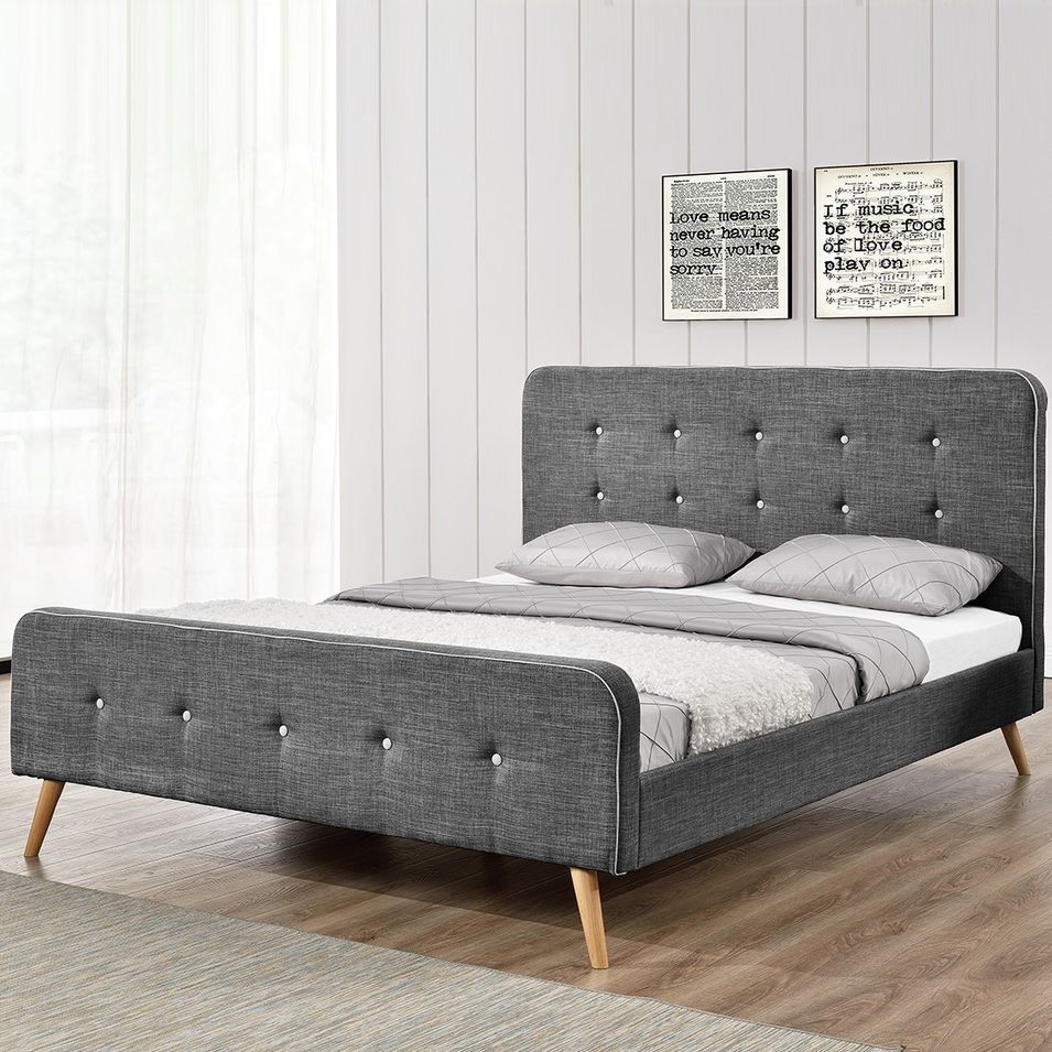 Lit scandinave tissu gris capitonné 140x190 cm - Photo n°1