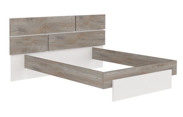 Lit laqué blanc et bois taupe grisé avec éclairage à tête de lit à effet graphique Kido 140x190 cm - Photo n°1