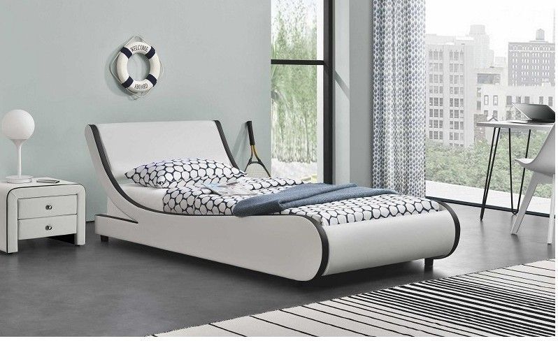 Lit simili cuir blanc liseré noir Mea 90 - Photo n°1