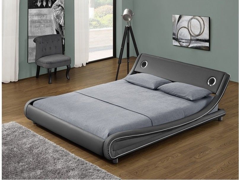 Lit simili cuir gris liseré blanc haut-parleurs intégrés Jaker 160 - Photo n°1