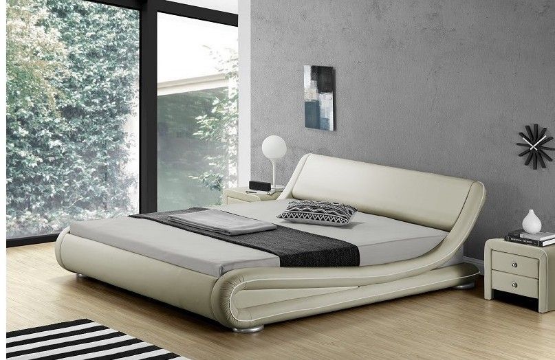 Lit simili cuir taupe liseré crème Amor 140x190 cm - Photo n°1