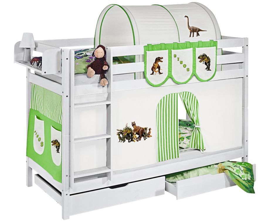 Lit superposable blanc et rideau blanc et vert Dinosaures 90x190 cm - Photo n°1