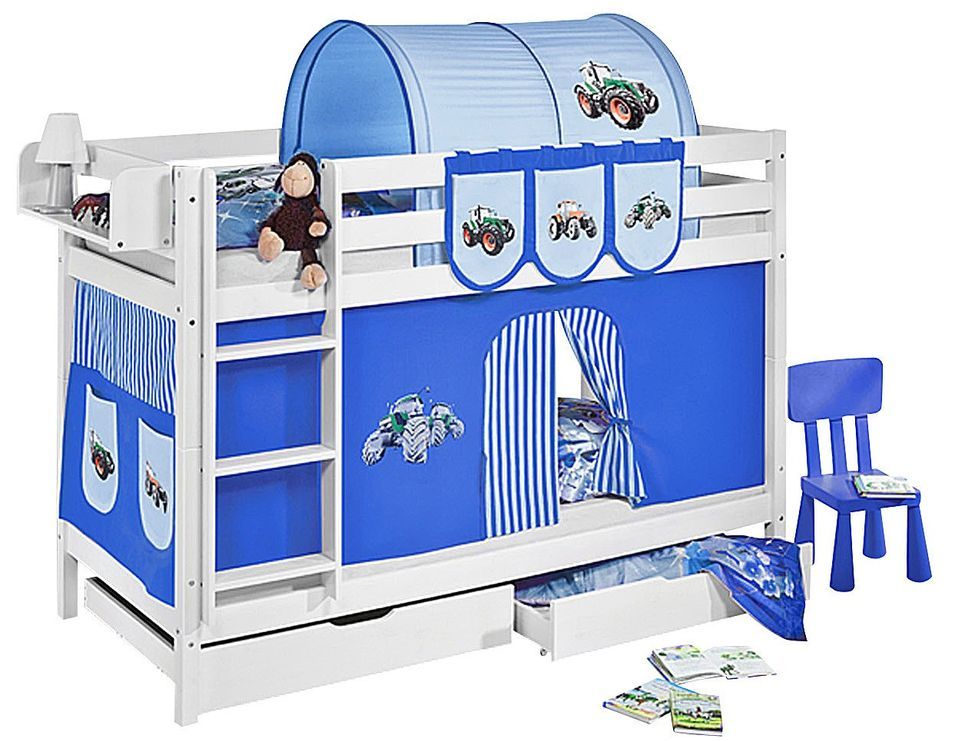 Lit superposable blanc et rideau bleu Tracteur 90x190 cm - Photo n°1