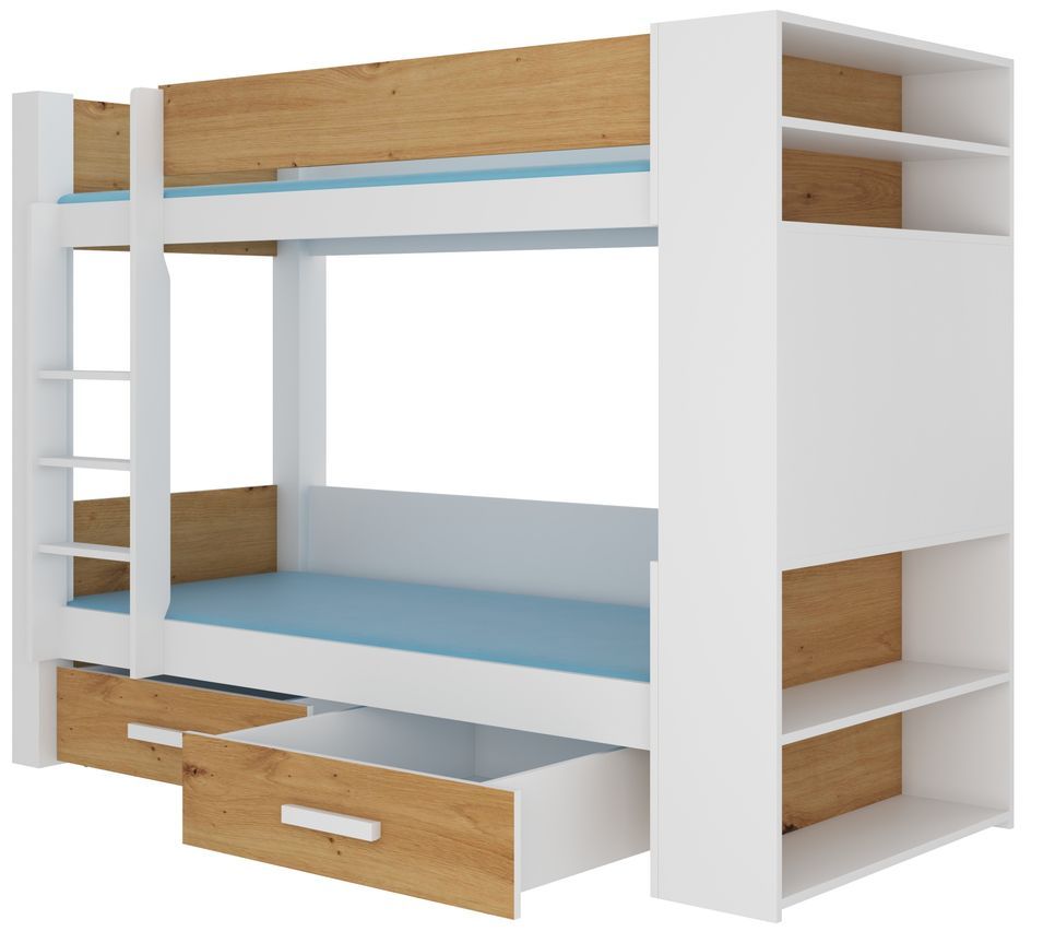 Lit superposé 2 places 90x200 cm MILA - Etagères, tiroirs et 2 sommiers - Photo n°1