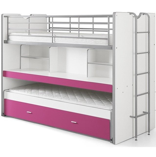 Lit superposé 3 places 90x200 cm bois blanc et fuchsia Bonny - Photo n°1