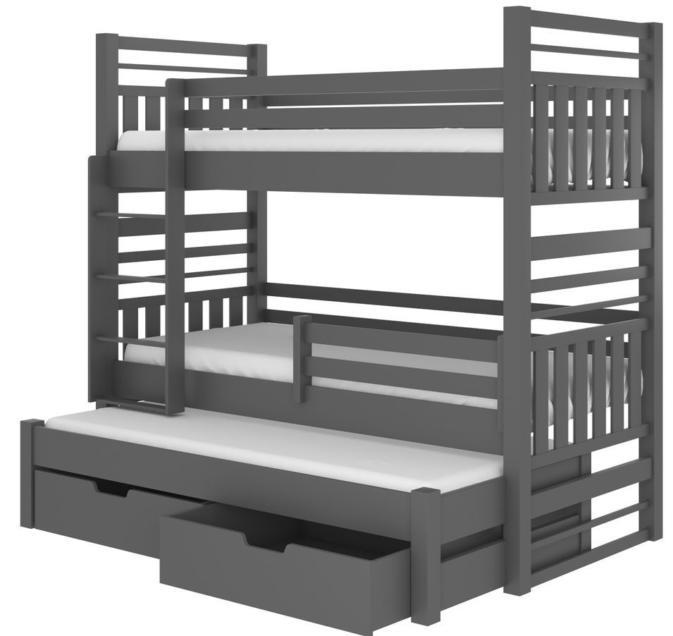 Lit superposé 3 places 90x200 cm NIKO - 2 tiroirs de rangement et 3 sommiers - Photo n°1