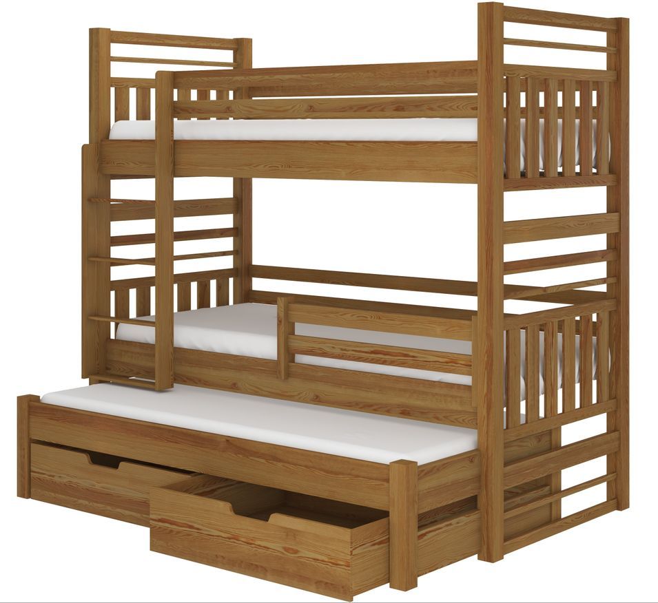 Lit superposé 3 places 90x200 cm NIKO - 2 tiroirs de rangement et 3 sommiers - Photo n°1