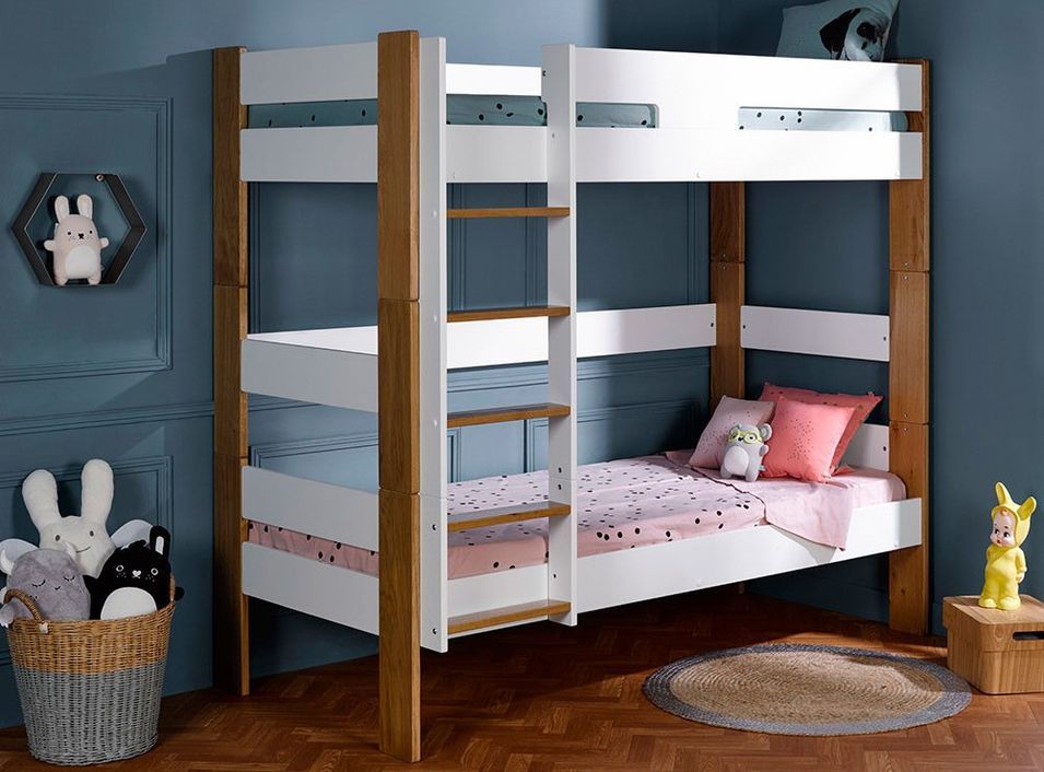 Lit superposé 90x190 cm blanc et hêtre massif clair Scandi - Photo n°1