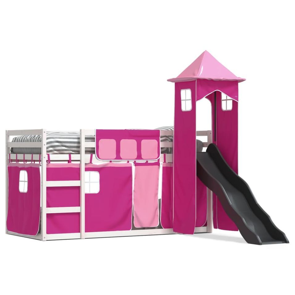 Lit superposé avec toboggan et rideaux rose 90x200 cm - Photo n°1
