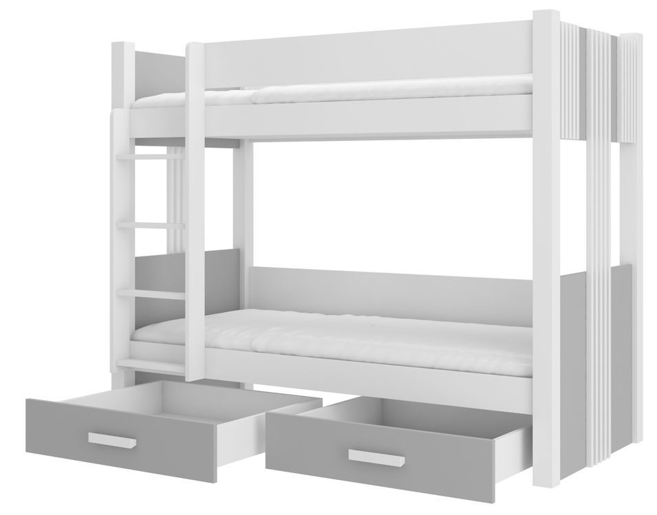 Lit superposé blanc et gris clair 2 couchages 80x180 cm ou 90x200 cm avec tiroirs de rangement Luka - Photo n°1
