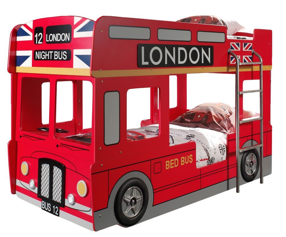 Lit superposé Bus Londonien 90x200 cm – Rouge – Sommiers inclus - Photo n°1