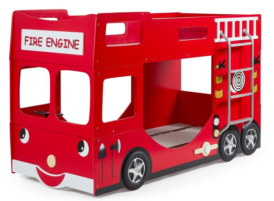 Lit superposé camion de pompier FIRE 90x200 cm – Bois laqué rouge – Sommiers inclus - Photo n°1