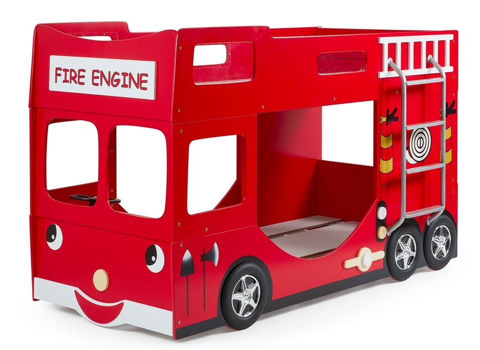 Lit superposé camion de pompier FIRE 90x200 cm – Bois laqué rouge – Sommiers inclus - Photo n°1