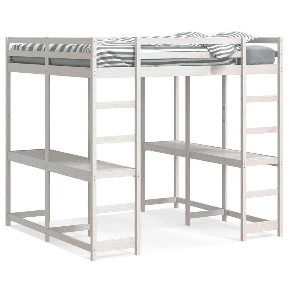 Lit superposé et bureau et échelle 200x200cm bois de pin massif - Photo n°1