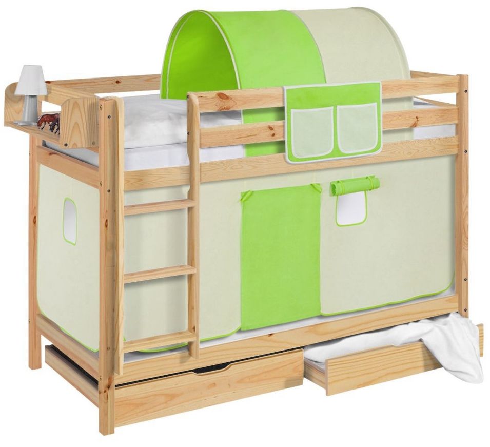 Lit superposés Pin massif et rideau Beige et Vert - Photo n°1