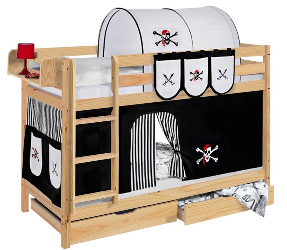 Lit superposés Pin massif et rideau Priate noir - Photo n°1