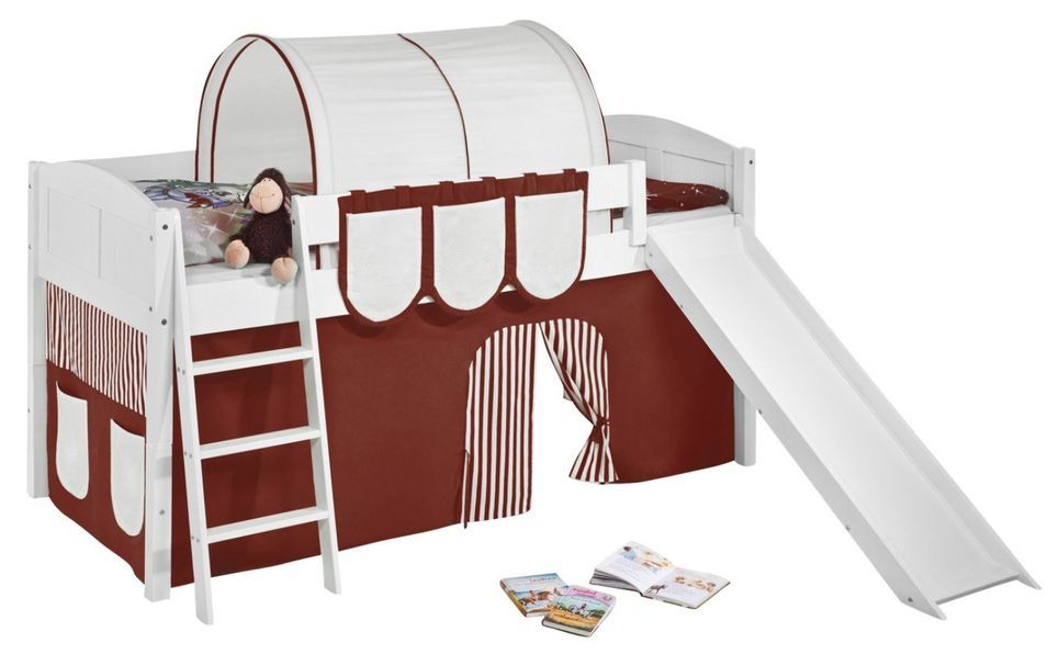 Lit surélevé Blanc Laqué Toboggan IDA - Rideau Marron - Photo n°1