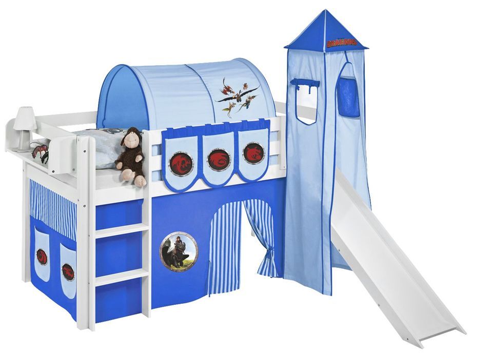 Lit surélevé toboggan blanc laqué avec tour et rideau bleu Dragon 90x190 cm - Photo n°1