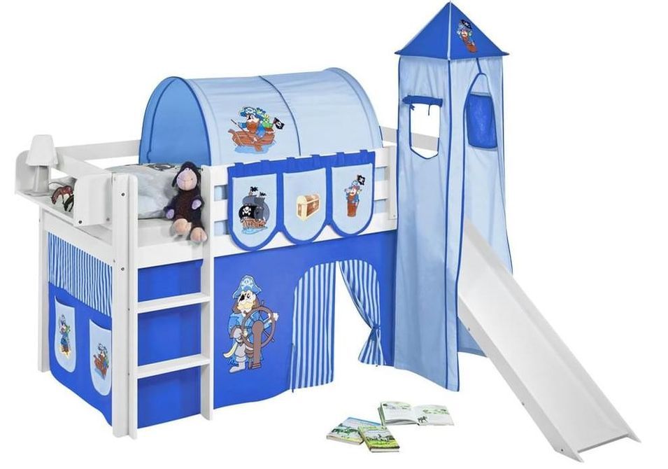 Lit surélevé toboggan blanc laqué avec tour et rideau bleu Pirate 90x190 cm - Photo n°1