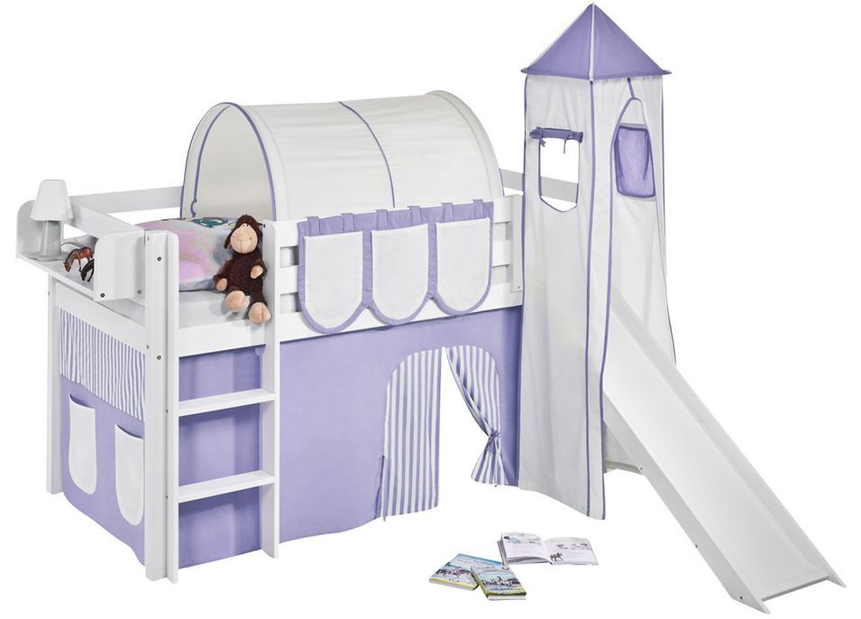 Lit surélevé toboggan blanc laqué avec tour et rideau parme et beige Dorie 90x190 cm - Photo n°1