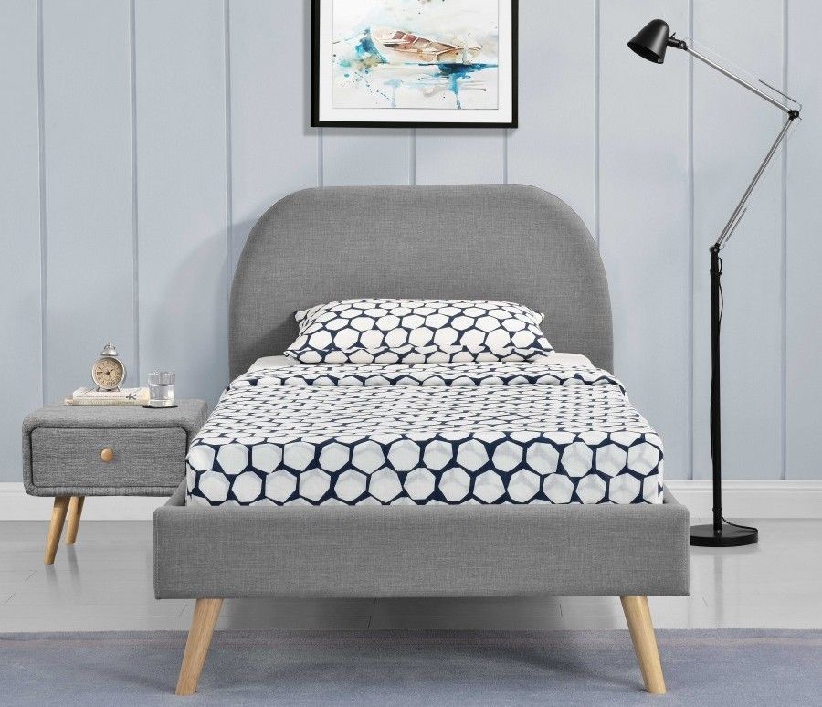 Lit tissu gris clair et pieds bois massif clair Boni 90x190 cm - Photo n°1