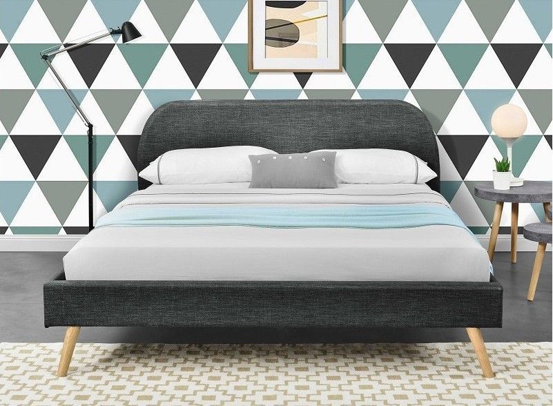 Lit tissu gris foncé et pieds bois massif clair Boni 140x190 cm - Photo n°1