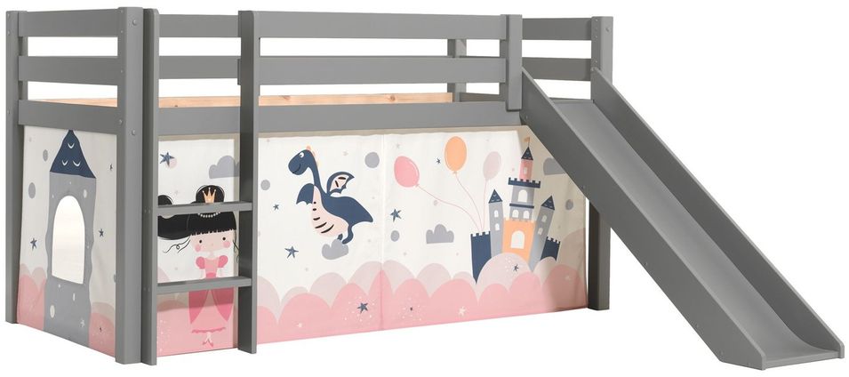 Lit toboggan 90x200 cm avec tente château pin massif gris Pino - Photo n°1