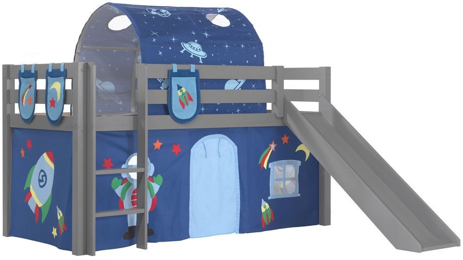 Lit toboggan 90x200 cm avec tente tunnel et 3 pochettes astra pin massif gris Pino - Photo n°1